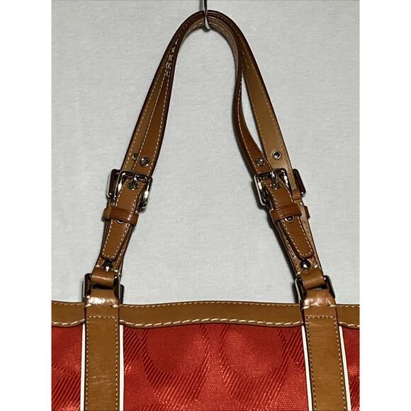 Coach Signature Gallery Tote Bag Coral & Brown Leather Trim Zip Travel F13560 - Picture 6 of 16